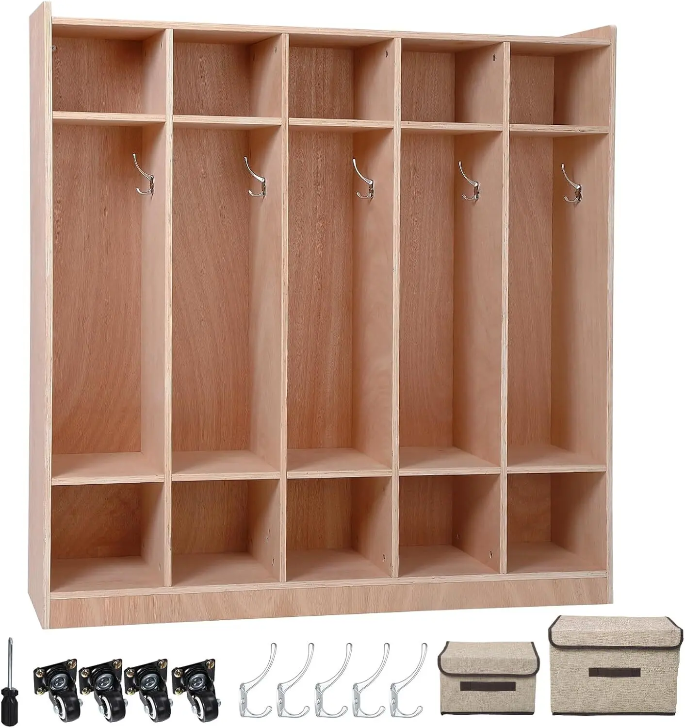 Sturdy Wood 5-Section Classroom Coat Locker Furniture - 10 Cubbies, 4 Casters, 5 Hooks, 2 Storage Boxes, Anti-Tip Kit, Natural Look Indoor Organizer for School, Kindergarten Adults
