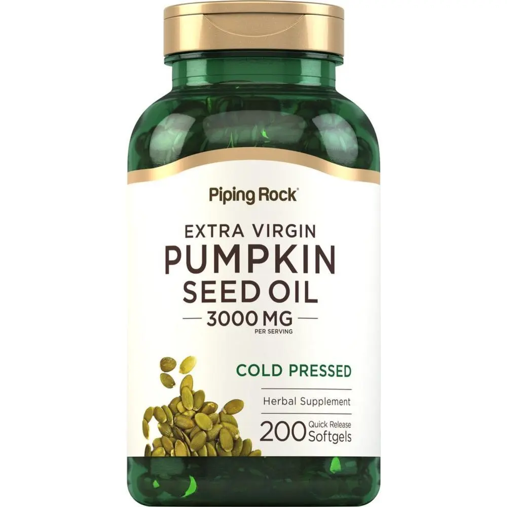 Piping Rock Pumpkin Seed Oil Softgel Capsules - 3000mg - 200 Pills - Cold Pressed Supplement - Extra Virgin Extract - Non-GMO, Gluten Free