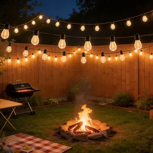 48FT S14 LED Outdoor String Lights • 16 Bulbs • 2700K Warm White • UL Listed • Black Wire Patio Lights Garden Lamps Flood