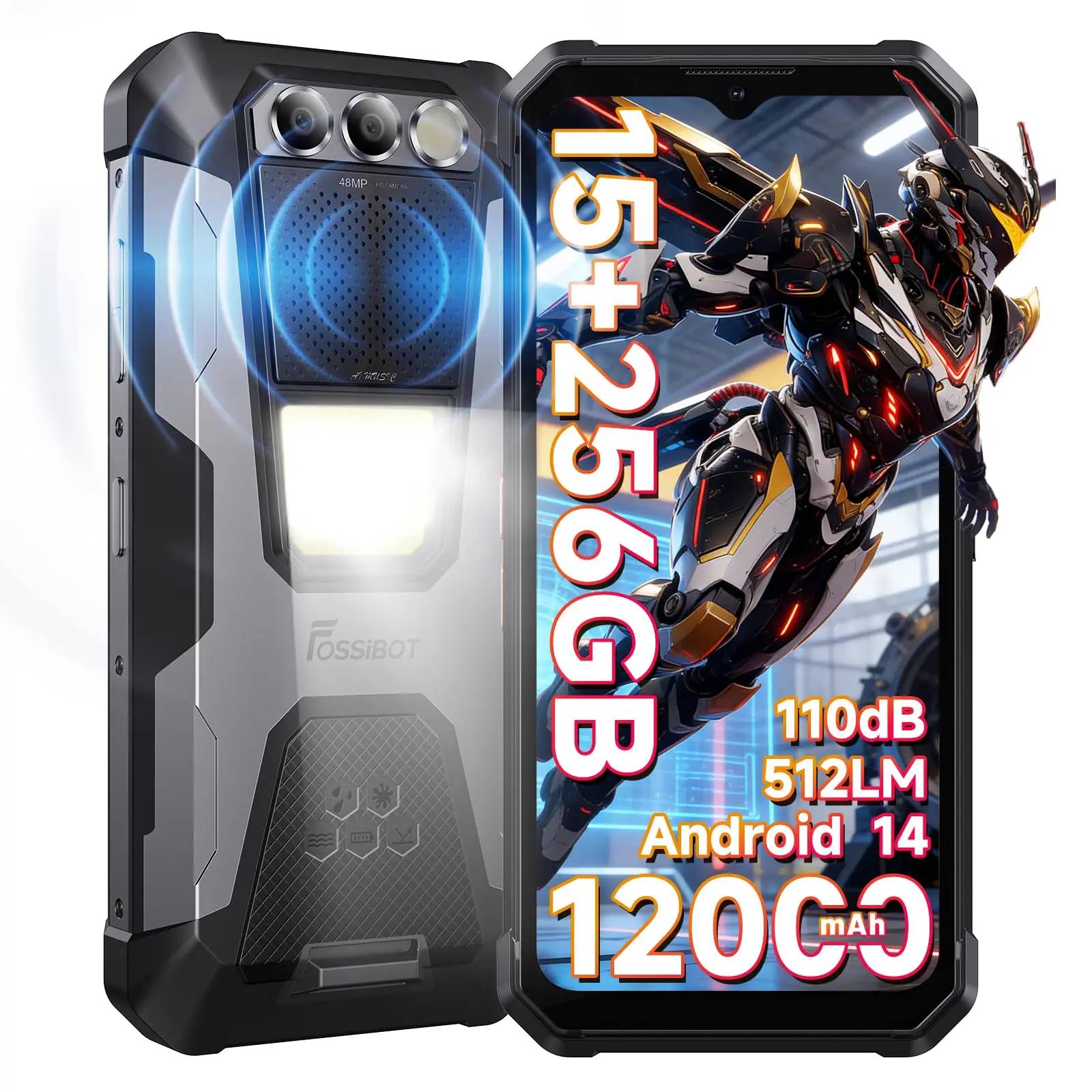 FOSSIBOT 2026 F106 PRO Rugged Cell Phone,15GB + 256GB Rugged Phone Unlocked,12000mAh Battery 48MP Night Vision Smartphone, Android 14 Phone, 110dB / Camp Light /4G / Dual SIM/NFC Waterproof Phone,Grey | Amazon Logistics