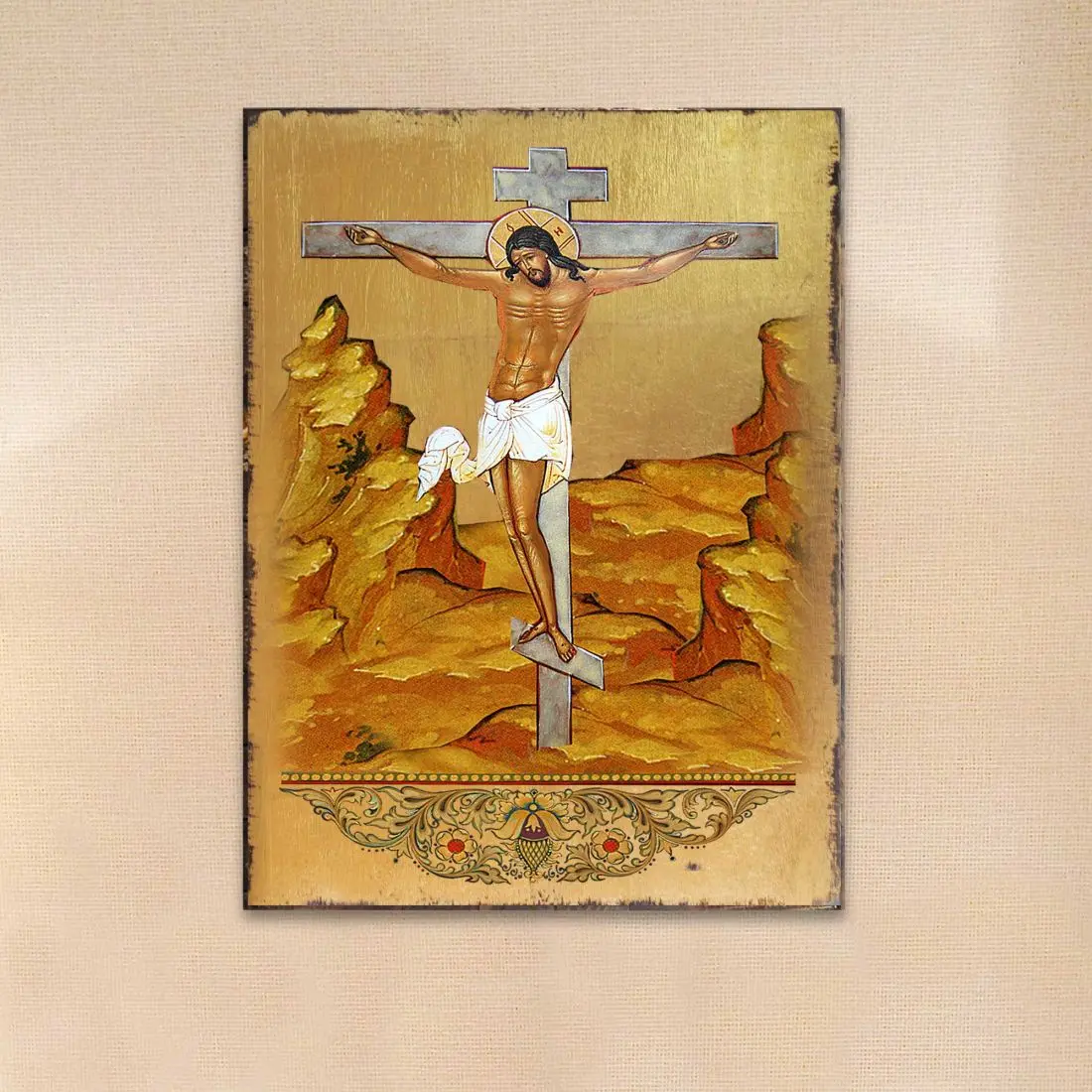 G.DeBrekht 85058-12 12x9 in. Handmade Old World Christian Icon - Gold-Plated Wooden Crucifixion, Medium Frame Decorative Wall-Mounted Religious Home Decor