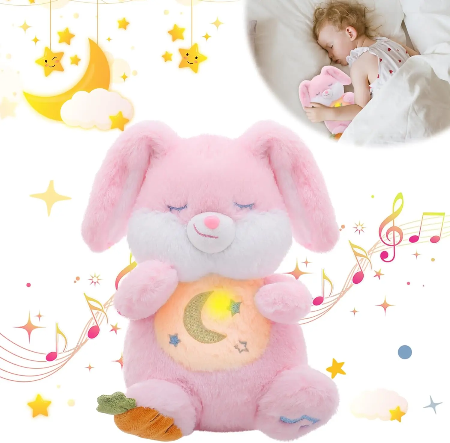 Breathing Bunny Soothing Cuddle Plush Toy, Breathing Stuffed Animal Bunny Plush with Realistic Breathing Action and Relaxing Music,for Babies and Toddlers, Hugging Plush toy Dealsforyoudays