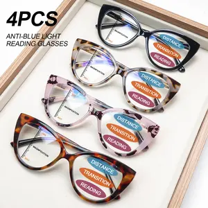 4 Pack Blue Light Blocking Progressive Multifocal Reading Glasses for Women, Spring Hinge Cat Eye Frame Readers, Lightweight Fashion Eyewear