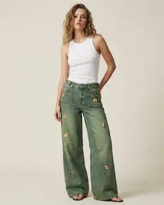 Women's Washed Embellished Cotton Denim Straight Leg Jeans - Vintage Streetwear Bottom with Pockets for Casual Wear