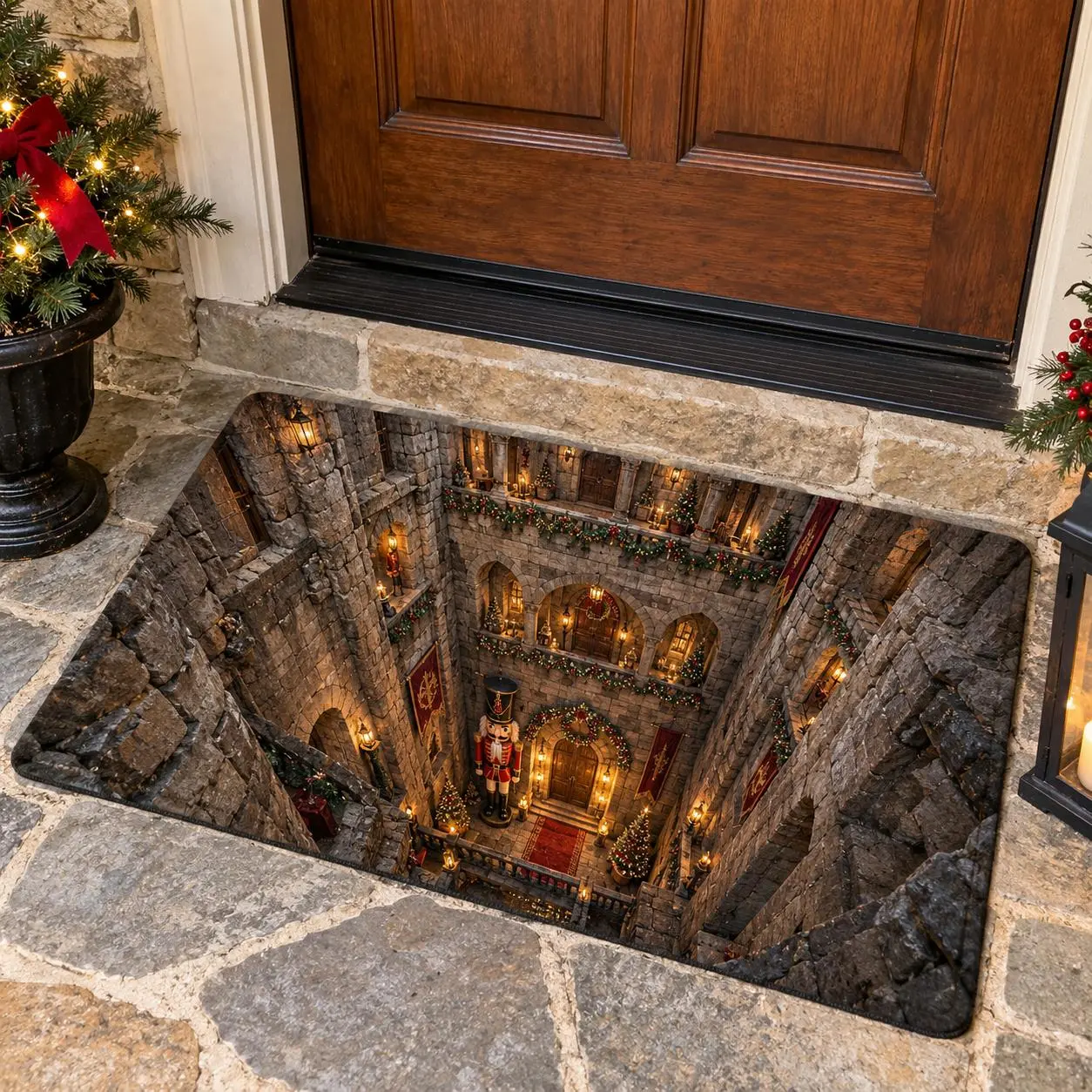 Christmas Castle Illusion Doormat, Nutcracker Holiday Design, Vintage Stone Stairway Printed Floor Mat, Festive Front Porch Decor, Christmas Gift for Friends and Family