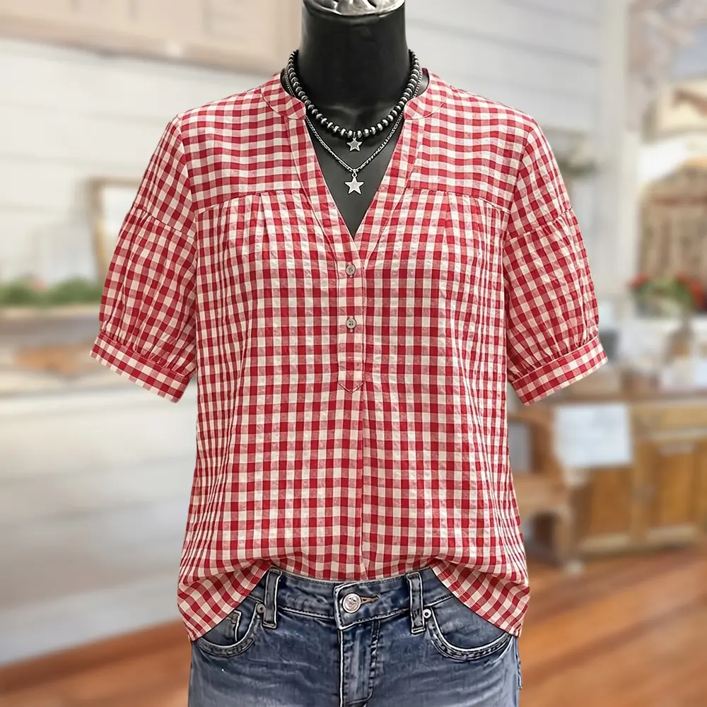 Sage Vell V Neck Half Button Placket Short Sleeve Gingham Blouse Womenswear Everyday Shortsleeve Shirts