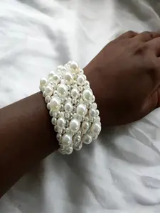 Fashionably Exaggerated Versatile Bracelet Handcrafted Woven Acrylic Pearl Geometric Double-Layer Elegance Wristband