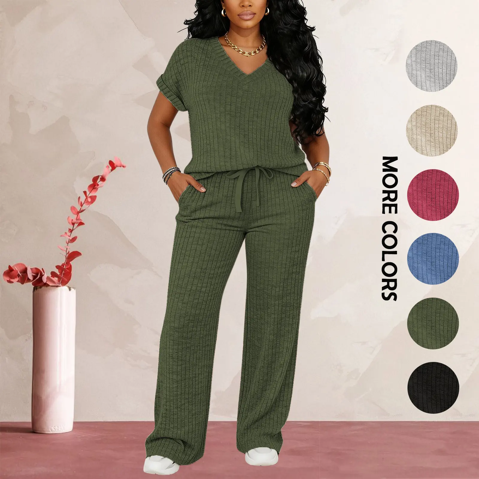 MOEENCN Women's Ultra-Soft Brushed Ribbed Knit 2-Piece Loungewear Set, V-Neck Top & High Waist Wide Leg Pants with Pockets for Lazy Days & Brunch summerwins Womenswear Clothes Suits Pajama Set Pjs Nightwear Basic