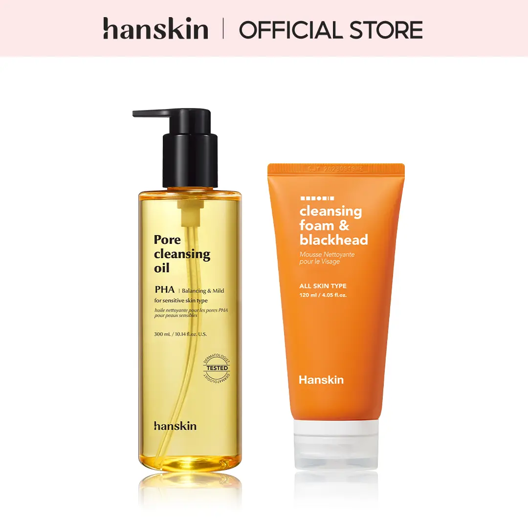Hanskin Pore-Perfecting Double Cleansing Duo: PHA, BHA, AHA Exfoliator Cleansing Oil + Foam Cleanser Kit with Tea Tree, Soothing for Sensitive Skin (Sub: Ultimate Blackhead & Makeup Melting Facial Cleansing Routine) Glass-Skin Glow, Gentle, Clean Facial C