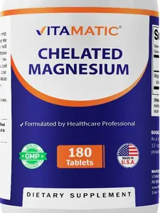 Vitamatic Chelated Magnesium Tablets - 300mg Per Tablet, 180 Count, Dairy Free Supplement, Supports Muscle, Nerve & Heart Health, Non-GMO, Vegan, Gluten Free, Made in USA