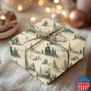Christmas Winter Premium Wrapping Paper - Rustic Woodland Gift Wrap with Cabins, Pine Trees & Deer, Holiday Packaging for Christmas Gifts