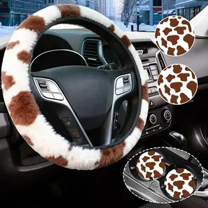 Brown Cow Fuzzy Steering Wheel Cover for Women, Universal Auto Steering Wheel 14-15 Inch Soft Warm  Interior Accessories with 2 count  Coasters, Suitable for Men and Women