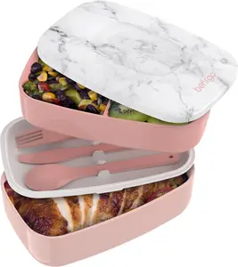 Classic - Adult Bento Box, All-in-One Stackable Lunch Box Container with 3 Compartments, Plastic Utensils, and Nylon Sealing Strap