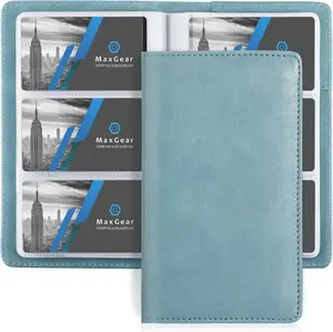 MaxGear Business Card Organizer Book, Holds 240 Cards, Portable PU Leather Business Card Holder with Clear Sleeves, Professional Card Binder for Office, Meetings, Networking, Gray Blue