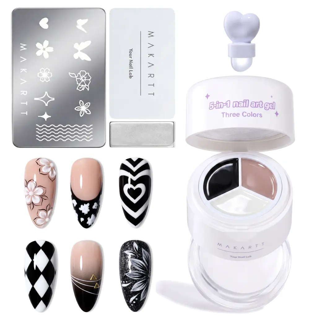 Makartt ColorPot 5-in-1 Nail Art Gel Kit with Silicone Stamp for Smooth French Tips & Ombre, 3-Color No-Wipe Cosmetic Polish for DIY Chrome Powder Art, Nail Polish, Manicure