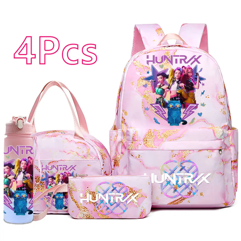 Fashion K-Pop Demon Hunters 4PCS Backpack Set – Rumi, Mira & Zoey Anime School Backpack with Lunch Bag, Pencil Case & Water Bottle