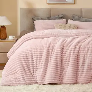 BEDELITE Spring Flannel Comforter Set Super Soft & Warm Fluffy Pink - Elegant Striped Design - Twin/Queen/King Sizes Machine Washable