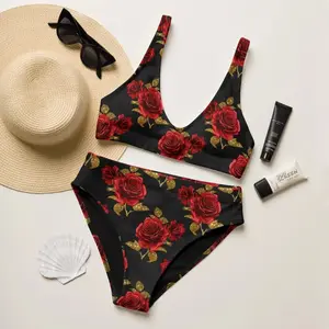 Women Red Rose Gold Glitter Black Bikini Set Luxury Floral High Waist Loose Comfortable Swimwear Beach Pool Party Summer Festival Sunbathing Two Piece