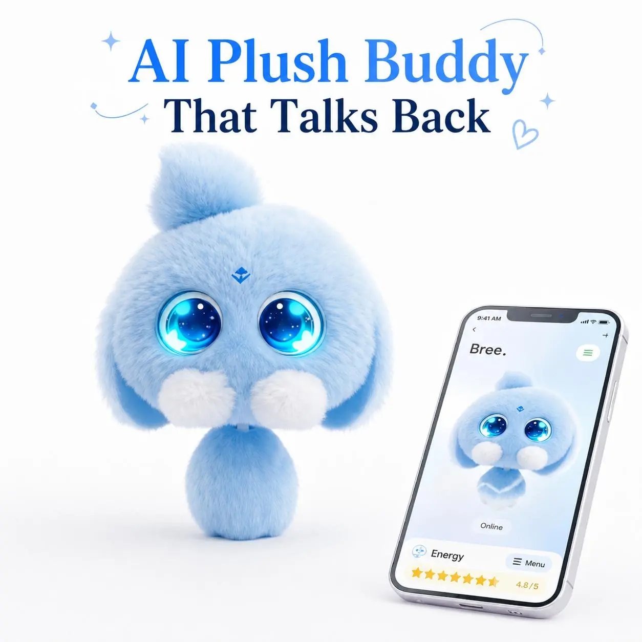 OKIVIVI Bree AI Companion Plush Bag Charm - Cute Blue Electronic Pet Stuffed Toy, AI Interaction, Everyday Surprises, 12+ Years, 1-Month Battery Life, Talking, Voice Chat, Long-Term Memory, Touch-Reactive Feedback, Expressive Eyes