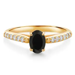10K Yellow Gold Black Onyx and White Lab Grown Diamond Engagement Ring For Women (0.88 Cttw, Oval 7X5MM, Gemstone December Birthstone)