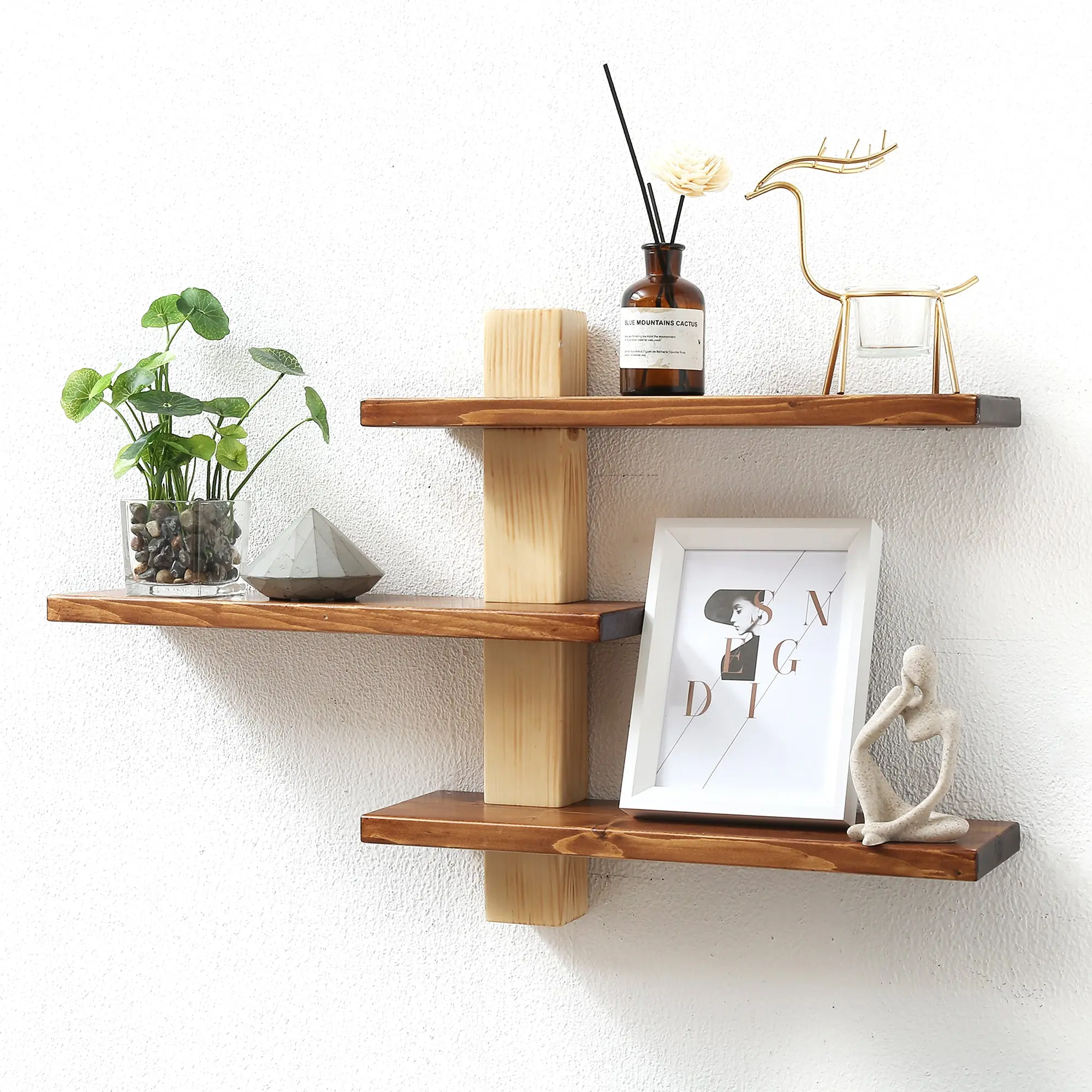Wood 3-Tier Floating Shelf, Large Minimalist Wall Shelves | Solid Wood, Mid Century, Modern, Easy Assembly, Wall Hanging, Floating, Art Deco, Plant Rock Crystal Shelving
