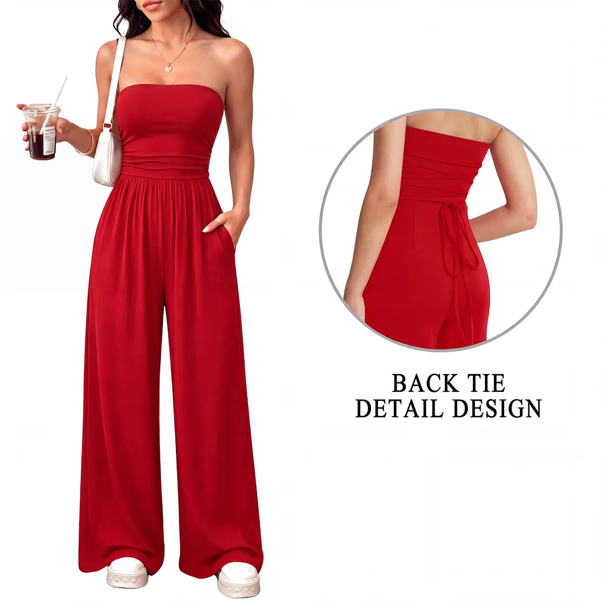 OYS Women's Casual Strapless Tube Top Wide Leg Jumpsuit Backless Back Tie High Waist Wedding Guest Beach Party Romper with Pockets