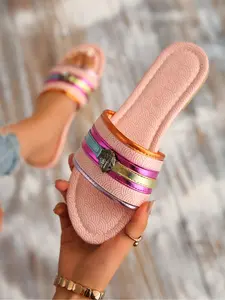 Fashionable women's summer slippers with colorful fish scale texture and multi-color design, flat sole sandals, lightweight and comfortable, hollow and breath, suitable for outdoor beach use, Open Toe Sandals, Breathable Sandals
