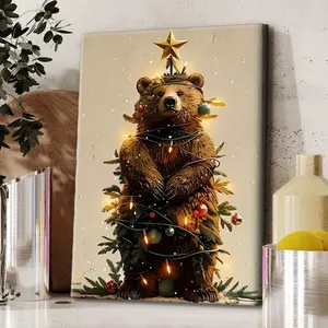1pc with frame -Bears Christmas trees various sizes Theme Canvas Wall Art Framed Painting Clearance Sale, 2D Flat, Suitable for Halloween, Christmas, Winter and Summer, Luxury Indoor Decoration for Him/Her, Bedroom, Living Room, Bathroom