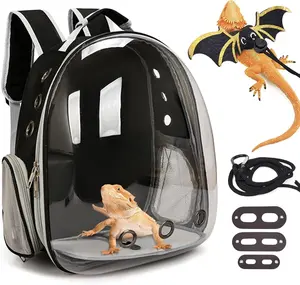 kathson Bearded Dragon Carrier with Harness and Leash Set, Large Reptile Travel Carrier Portable Lizard Backpack Clear Small Animals Carrying Bag for Gecko Hamster Rabbit Hedgehog Kitten (Black)