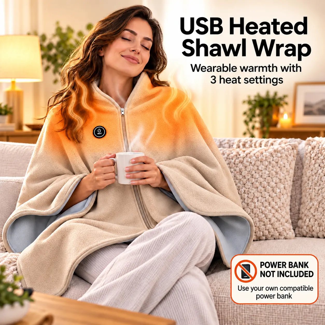 USB Heated Fleece Poncho Top, Wearable Shawl Wrap with 3 Heat Settings, Soft Blanket for Home & Office Use