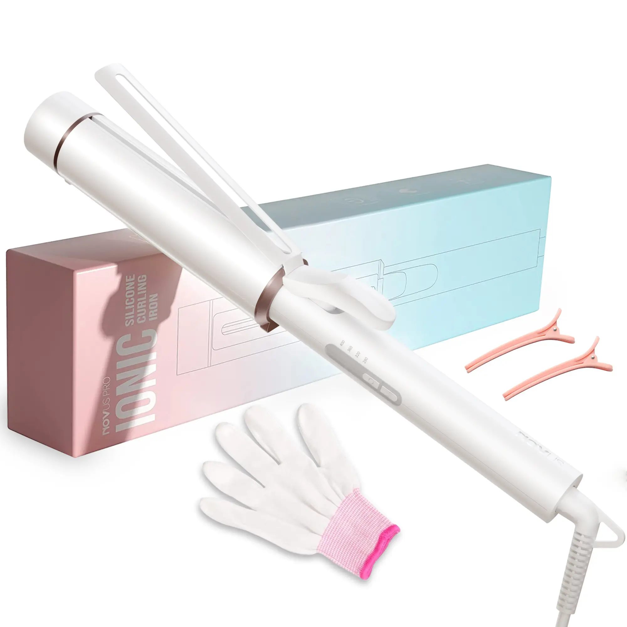 NOVUS Ceramic Tourmaline Extra Curling Iron  1 1/2 Inch, Large Barrel Curling Wand for Long Hair, 40000000 Negative Ions Adjustable White/Pink Curler