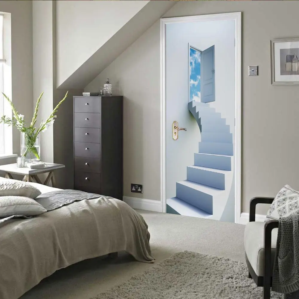 Stairs To Sky Pattern Door Sticker, 2 Counts/set Removable Waterproof Wallpaper, Self-adhesive Wallpaper, Decorative Sticker for Home Living Room Bedroom
