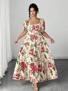 Elegant Plus Size Women Wedding Guest Dress, Square Neck Bubble Sleeve, Rose Floral Pattern, Long A-Line Skirt, Perfect for Weddings and Vacations