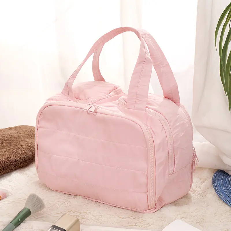 Women's Large Capacity Waterproof Travel Cosmetic Bag with Double Handle - Top Open, Multi-Pocket Compartmentalized Makeup Storage Organizer, Portable Multi-Purpose Travel Storage Bags for Skincare, Accessories (Pink, Blue, Black)