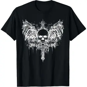 Casual Cotton shortsleeve tees Emo Y2K Skull Cross Dark Grunge Aesthetic Goth Gothic Black T-Shirt