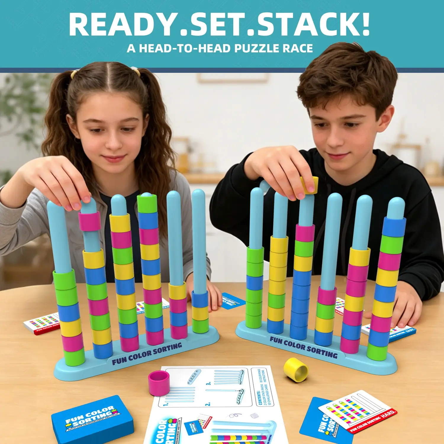Color Stack Challenge – STEM Color Sorting Stacking Puzzle & Tower Game for Kids Ages 6+, 2 Stack Racks + 50 Double-Sided Challenge Cards, Family Fun Game, Family Game for Party, Indoor & Outdoor Play – Brain Teaser Strategy Game for 2 Players