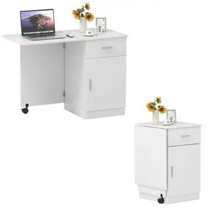 COSTWAY Folding Computer Desk with Storage Drawer & Cabinet, Compact Home Office Desk with Adjustable Shelf, Sewing Machine Table with Charging Station and Lockable Casters, Space-Saving Foldable Side Table for Bedroom, Office, Study, Black/White