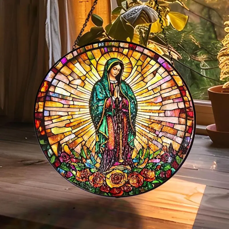 Round Metal Our Lady of Guadalupe Stained Glass Suncatcher - Hangable Virgin Mary Window Wall Hanging, Colorful Light Catcher, Catholic Religious House Decor Gift, Aesthetic Room Decor