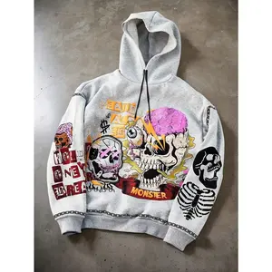 Men's youthful streetwear, featuring a high street light gray hoodie and a Gothic skull design with 3D puff print on the front and back, featuring oversized prints. This hoodie is perfect for street fashion spring statementRAIMENTRY