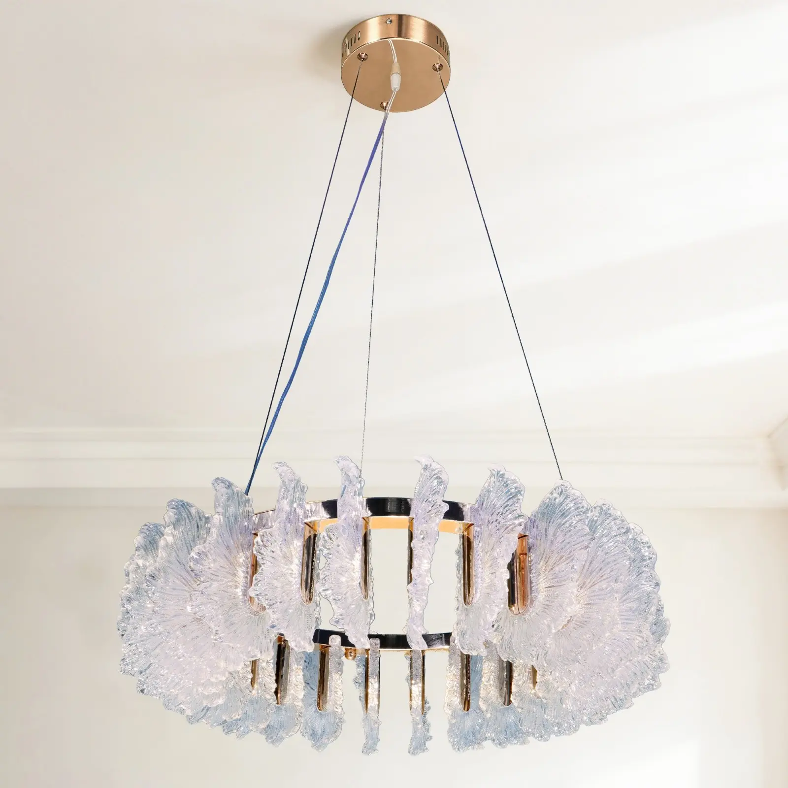 23.6 Inch Modern Gold Ring Leaf Chandelier, Acrylic Shade, 3-Color LED, Height Adjustable for Dining Room Bedroom Living Room