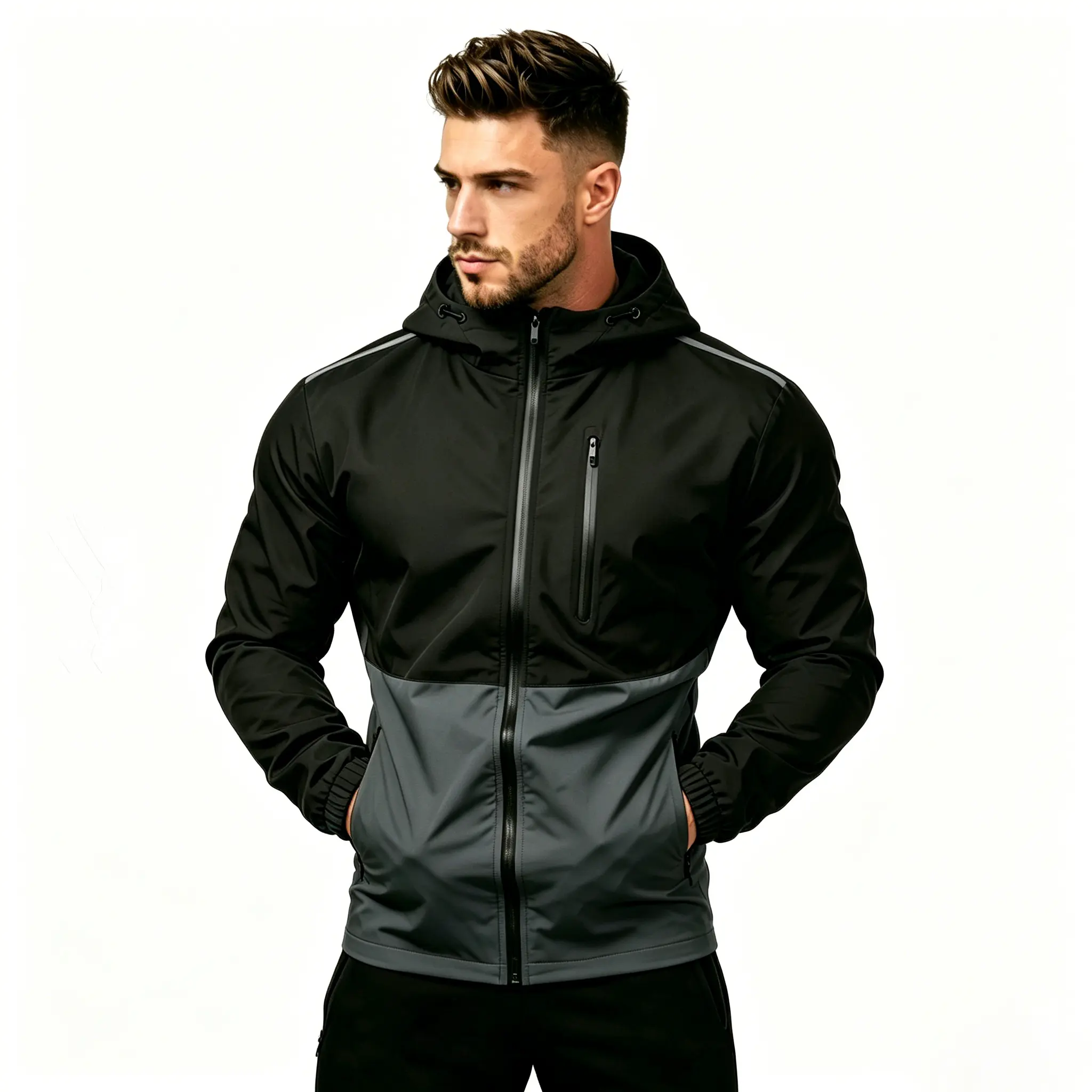 Men's Color-Block Softshell Jacket - Casual Loose Fit Zip-Up Hooded Coat for Mountaineering, Windproof and Waterproof, Tops
