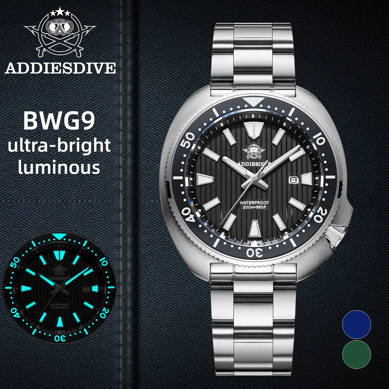ADDIESDIVE Diver Watch Men's Stainless Steel Watch -  Sapphire Crystal Striped Dial Luminous 200m Waterproof Analog Watches With Calendar Casual Quartz Watch