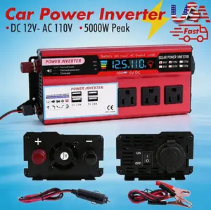 Upgraded 5000W Peak Car Power Inverter DC to AC 110V Voltage Transformer Fast Charging 4 USB Ports 3 AC Outlets for Vehicle RV Travel