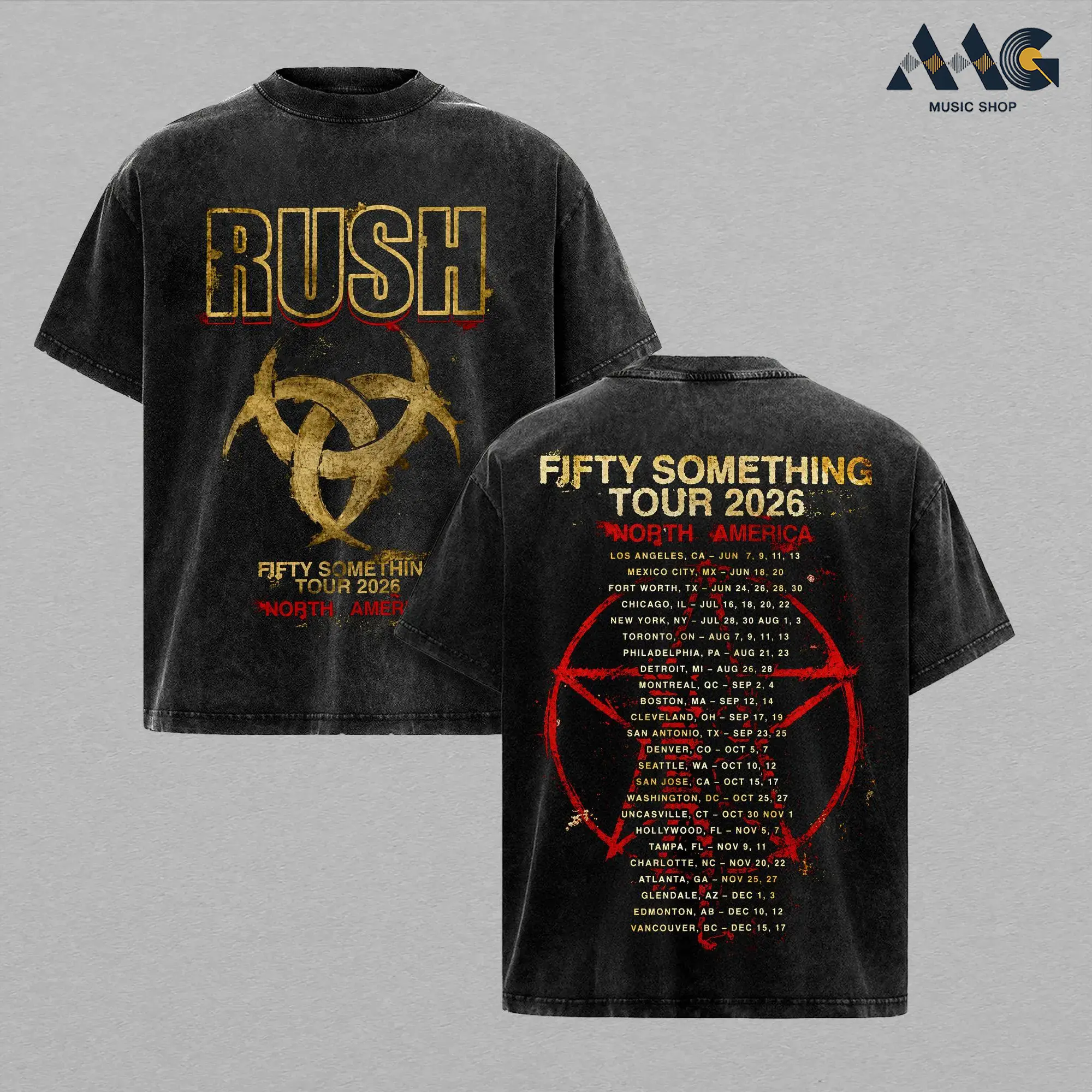 Rush Fifty Something Tour 2026 Vintage T-Shirt Graphic Tee Double Sided Concert Merch North America Tour Dates Pentagram Design Oversized Streetwear Unisex Rock Fan Gift Summer Outfit, Gift for Girlfriend