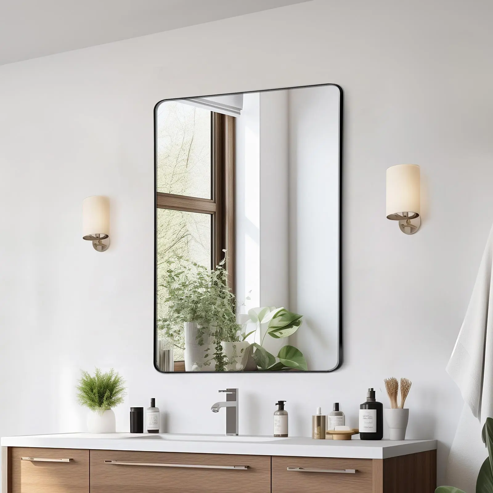 VEVOR Rectangular Wall Mounted Bathroom Mirror, 0.15" Thick 24x36" Brushed Aluminum Alloy Frame, Explosion-Proof Film, Epoxy Coating, Scratchproof Surface, Z-Shaped Bracket for Enhanced Reflection, Fit for Bathroom, Bedroom, Indoor Living Room#SohoChic