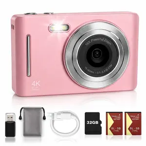 Pink Digital Camera for Selfies & Travel, Cute Compact Point and Shoot Camera with 16X Zoom,with 32GB Memory Card, 2 Batteries, Rechargeable Portable Camera for Photos and Videos, Pink