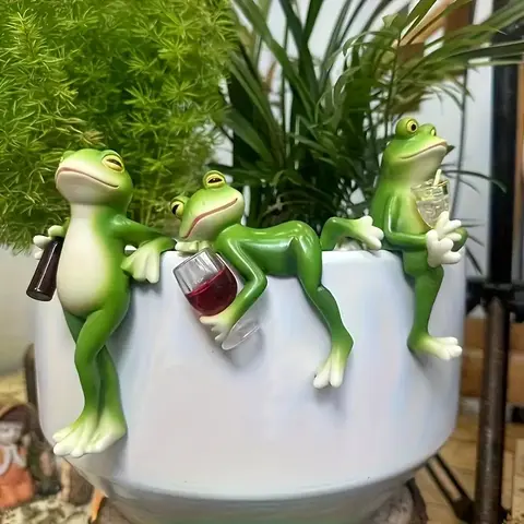 3 Frogs with Drinks Resin Sculptures - Romantic Garden Decor for Balcony, Patio, and Planter - Ideal for Weddings, Festivals, and Seasonal Celebrations, Outdoor Garden Accessories, Frog Garden Decor | Playful Scene | Detailed Textures, Frog Decor