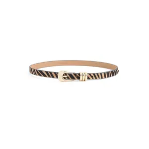 Ettika Tiger Print Skinny Belt | 18K Gold Plated Buckle | Genuine Leather Calf-Hair Belt | Statement Fashion Accessory for Her