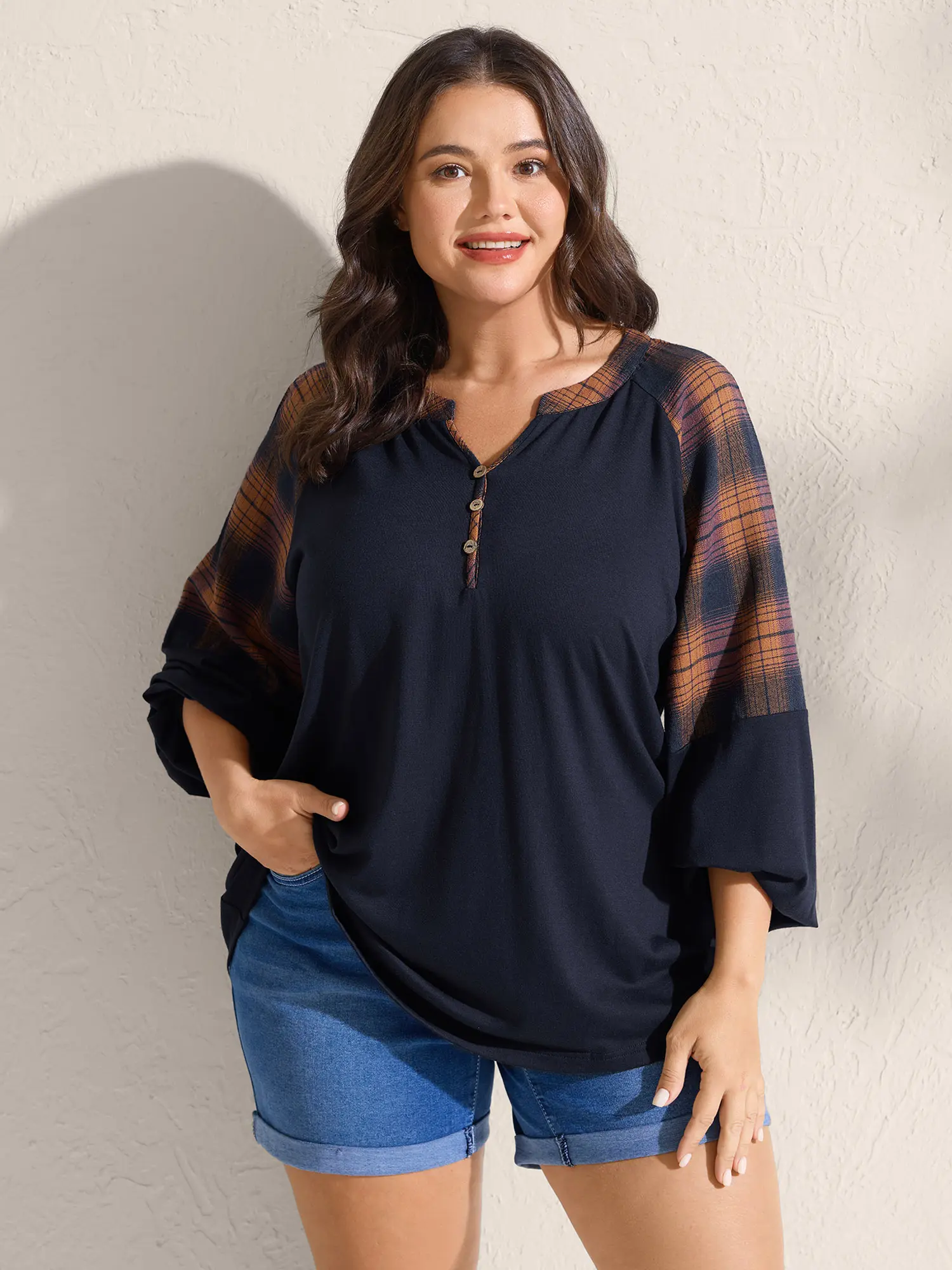 BloomChic Women's Plus Size Loose-Fitting Comfy Casual Polyester Blend T-Shirt - Contrast Plaid Extra-Long Raglan Sleeves, Split V-Neck, Contrast Buttons, High Stretch Fabric, Casual Collared Flap, Machine Washable, Sizes 14-16/1X,26/4X, No Tumble Dry