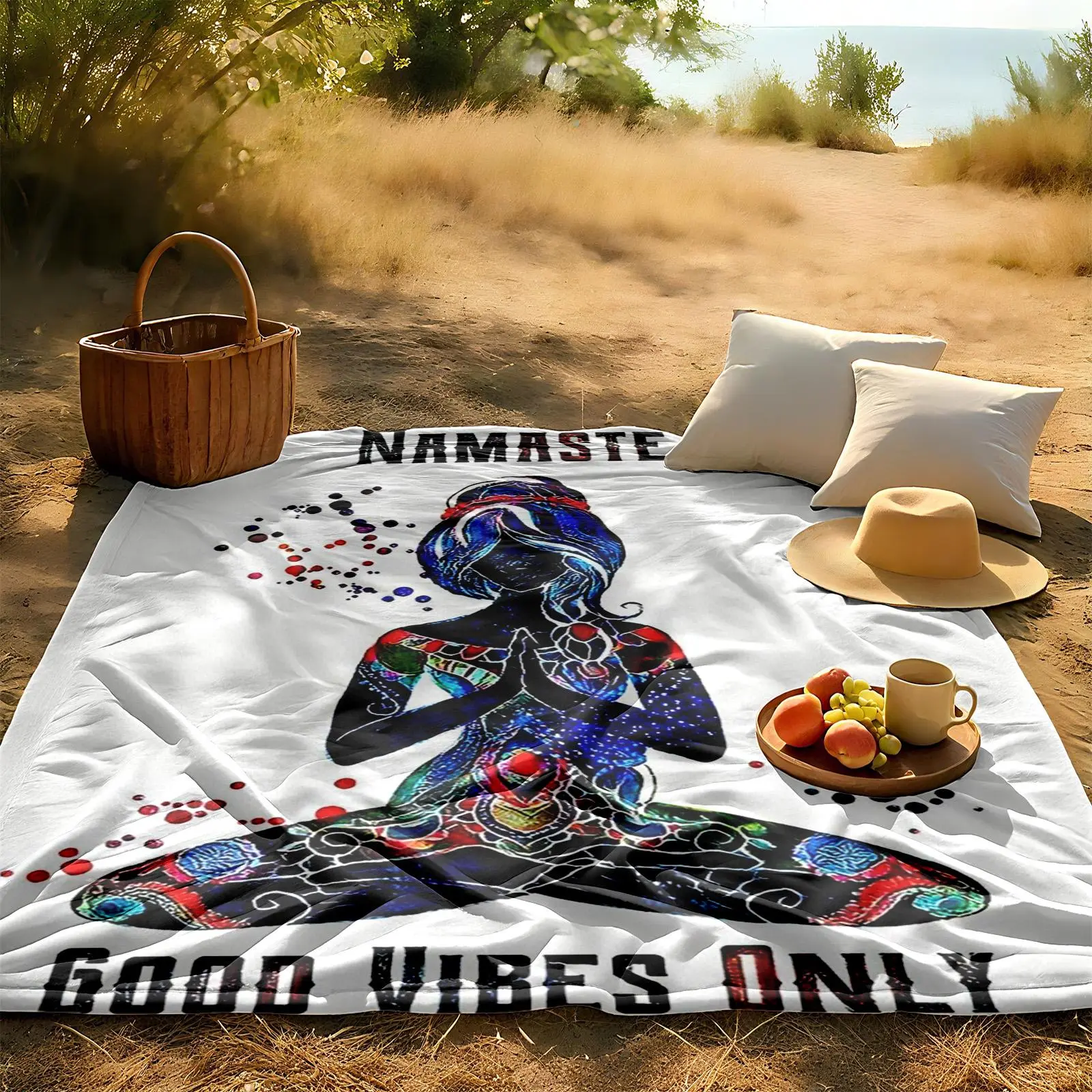 1 piece Meditation Yoga and Positive Energy Blessings themed flannel blanket - Modern-style all-season flannel blanket, suitable for sofas and beds, super soft and comfortable, digitally printed pattern, 100% polyester material, machine washable